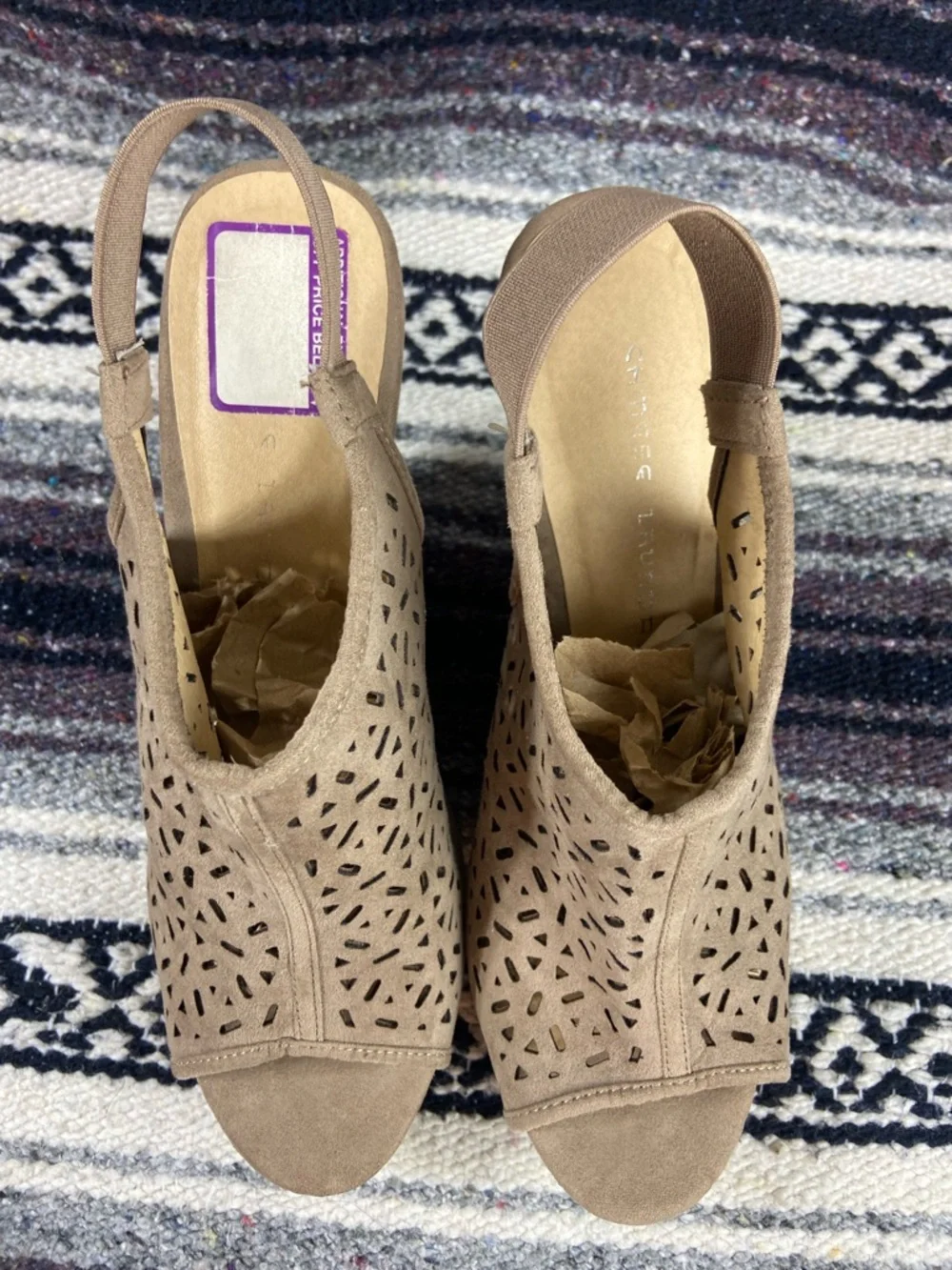Chinese Laundry Taupe Platform Perforated Peep Toe Wedge Sandals High Heels 11